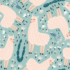 Textile fabric seamless patterns with illustrations of llama and cacti. Great for fabric, textile. Vector illustration. Creative childdish texture. © bukhavets
