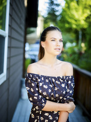 Outdoor atmospheric fashion photo of young beautiful lady