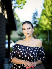 Outdoor atmospheric fashion photo of young beautiful lady