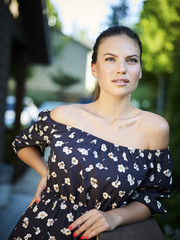 Outdoor atmospheric fashion photo of young beautiful lady