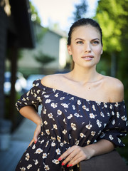 Outdoor atmospheric fashion photo of young beautiful lady