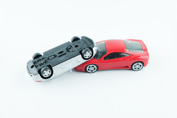 Close up of two cars accident, car crash insurance.Transport and accident concept on white background..