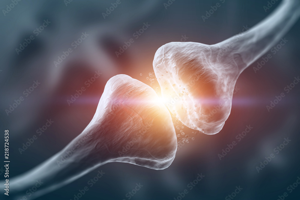 Poster synapse and neuron cells sending electrical and chemical signals in brain. microscopic view. 3d rend