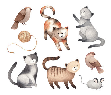 Watercolor illustrations of cute cats, mouse, birds
