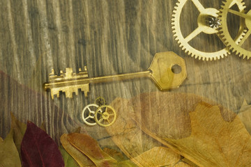 Fototapeta na wymiar Golden key leaves and gears on an old wooden table
