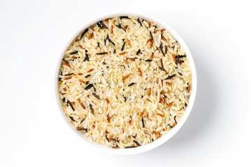 Top view bowl of mixed rice isolated at white background.