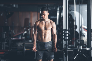 Fototapeta na wymiar Shredded athlete is using barbell during workout in sport center. He is standing and lifting outfit before himself. Guy is exercising biceps muscles