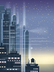 Night city, city scene, skyscrapers, towers, starry sky, lights, horizon, perspective, background, vector, isolated