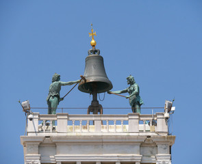 Venice, Italy - July 25 : The bell on top of an ancient Clock Tower Torre dell'Orologio in the...