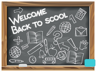 Welcome Back to School written chalk on a blackboard with scool icons.