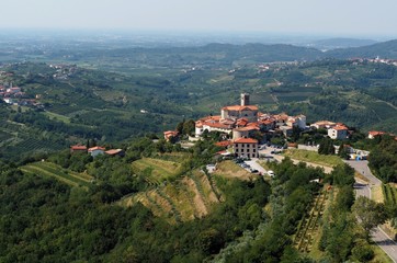 Fototapeta na wymiar Aerial view and townscape of Smartno, beautiful medieval village on top of a hill in the Brda region of Slovenia