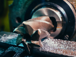 Old geeen milling machine, closeup, metalworking