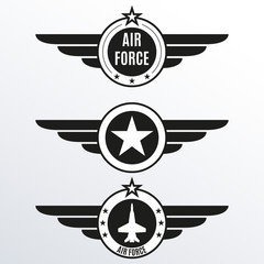 Air force badge set. Airforce logo with wings and star. Army and military emblem. Vector illustration. © metelsky25