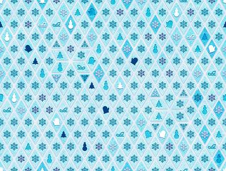 Blue and white christmas and new year pattern with snowflakes, snowmen, mittens, sledges and spruces simbols