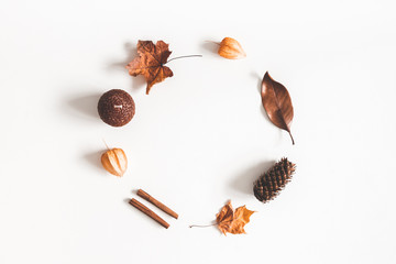 Autumn composition. Wreath made of autumn things on white background. Flat lay, top view, square, copy space