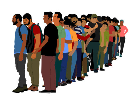 Group of people waiting in line vector isolated on white background. Group of refugees, migration crisis in Europe. Turkey war migration waves going through Schengen Area. Border situation in EU.
