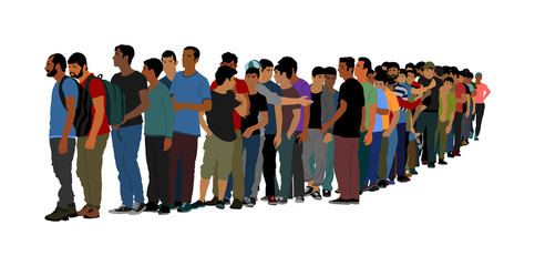 Group of people waiting in line vector isolated on white background. Group of refugees, migration crisis in Europe. Turkey war migration waves going through Schengen Area. Border situation in EU.