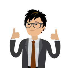 Cartoon Asian Businessman shows both hands a sign Thumb Up