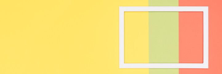 Abstract geometrical orange and yellow paper flat lay banner background. Minimalism, geometry and symmetry template with empty picture frame mock up.