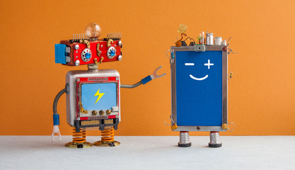 Smiley robot and cellular mobile phone. Robotic toy characters, creative design touch screen phone...