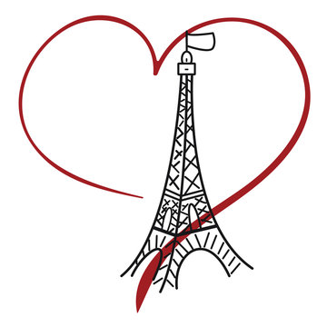 Paris eiffel tower logo on white background hand drawing heart