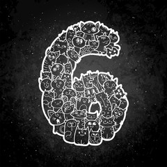 Hand drawn doodled kids numbers. Cute monstred numbers, math symbols.