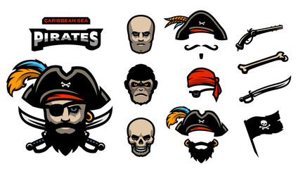A set of elements for creating pirated logos. Hats, bandana, mustache, beard. Pistols, bones, sabers and a pirate flag.