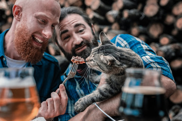 Piece for cat. Two funny men giving some piece of meat cute little cat while sitting on summer terrace