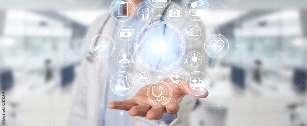 Poster doctor using digital medical futuristic interface 3d rendering