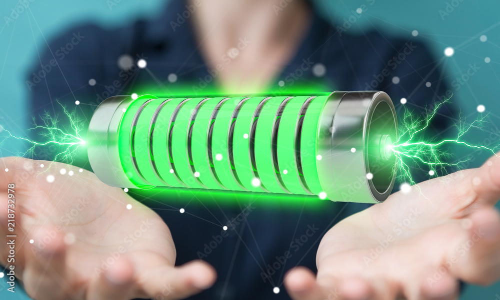 Aufkleber businessman using green battery with lightnings 3d rendering