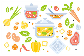 Soup Preparation Set Of Ingredients Illustration. Flat Primitive Graphic Style Collection Of Cooking Items And Vegetables