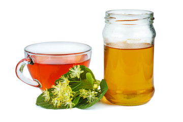 Herbal tea, jar of honey and linden blossom