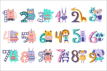 Papier Peint photo Alphabet Ensemble d& 39 autocollants stylisés d& 39 animaux géniaux debout à côté de chiffres