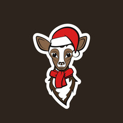 Fototapeta premium Head of a young deer. Drawing on a black background. Vector illustration sticker. Christmas animals.