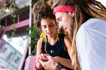 So beautiful. Pleasant hippie girl showing her ring