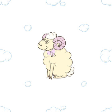 Cute lamb girl in the clouds. Vector illustration. Seamless pattern background.