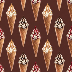 Watercolor illustration of ice cream. Seamless pattern