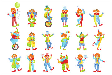 Set Of Colorful Friendly Clowns In Classic Outfits