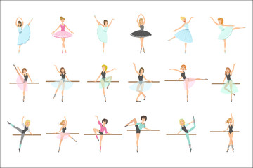 Ballerinas Training In Dance Class Set Of Flat Simplified Childish Style Cute Vector Illustrations Isolated - obrazy, fototapety, plakaty