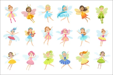 Fotobehang Cute Fairies In Pretty Dresses Girly Cartoon Characters Set © topvectors