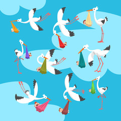 White storks delivering newborn babies set, flying bird carrying bundles with kids, template for baby shower banner, invitation, poster, greeting card vector Illustration