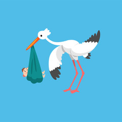 White stork carrying newborn baby, template for baby shower banner, invitation, poster, greeting card vector Illustration