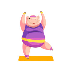 Cute pig practicing yoga exercise wearing sports uniform, sportive animal character, fitness and healthy lifestyle vector Illustrations on a white background