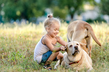 Little girl is playing with a labrador in the park.