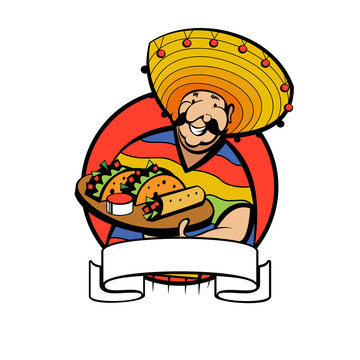 Mexican dressed in a national costume and hat holds a tray of traditional Mexican food. Vector logo.