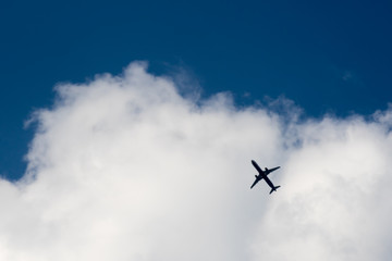 The plane flies in the clouds