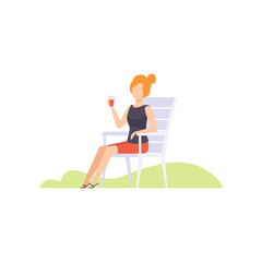 Young woman drinking wine from plastic cup, girl having outdoor bbq party vector Illustration on a white background