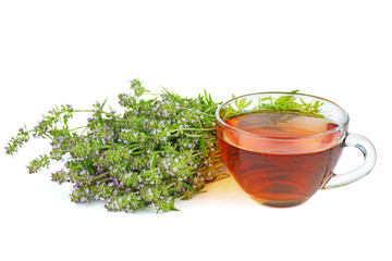 Herbal tea and bunch of thyme herb