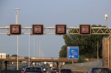 mandatory speed sign above motorway A20 at Rotterdam, where track controll will measure speed