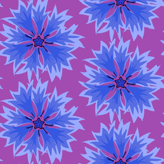 vector illustration, seamless pattern, blue cornflowers on pink  background, printable design, background for fabric, wallpaper, packaging
